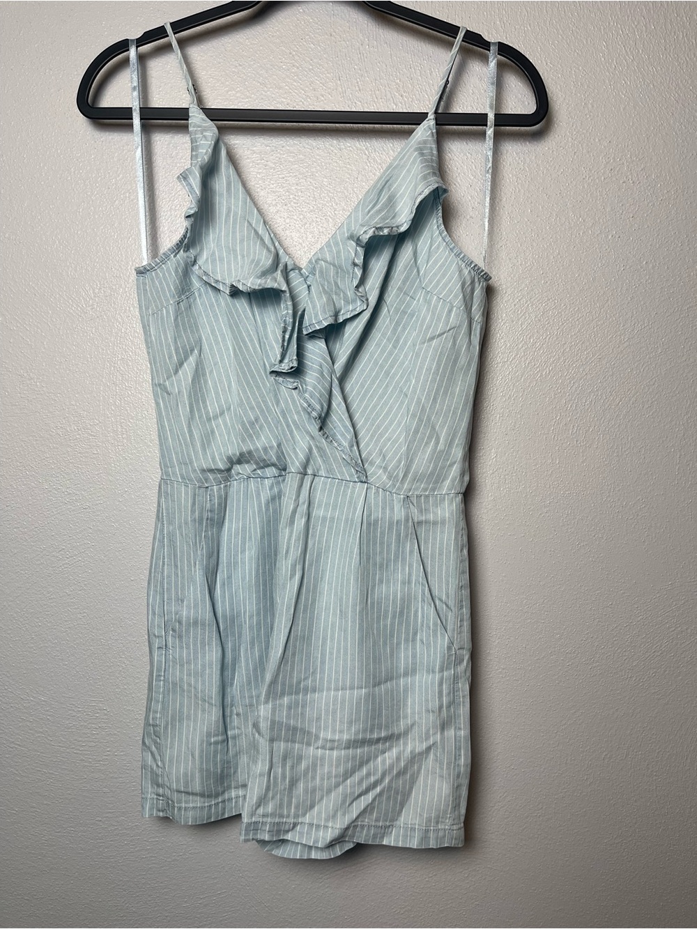 NWT 1250 Degrees Celsius- Light Blue Pinstripe Ruffle Romper